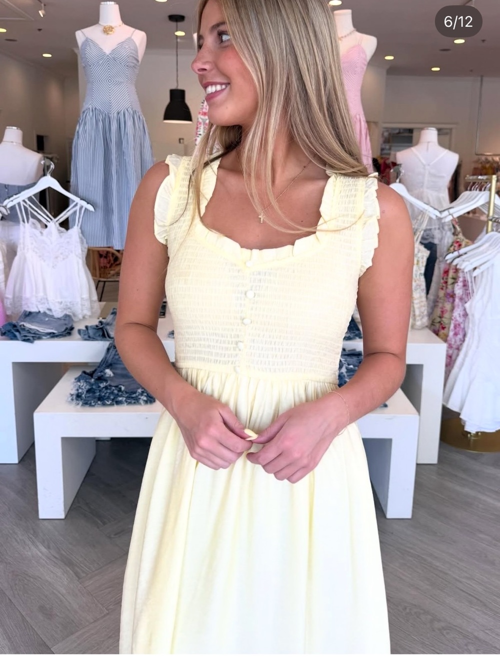NWT butter-yellow smocked midi dress featuring a sweetheart neckline Size Small - Picture 3 of 14